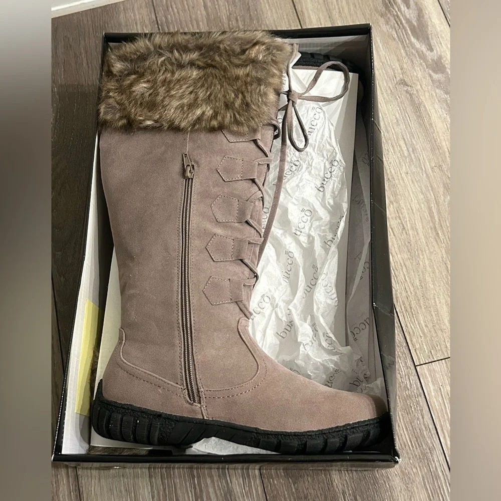 Faux-Fur Trim Taupe Winter Boots - Women's Tall Cold-Weather Boots